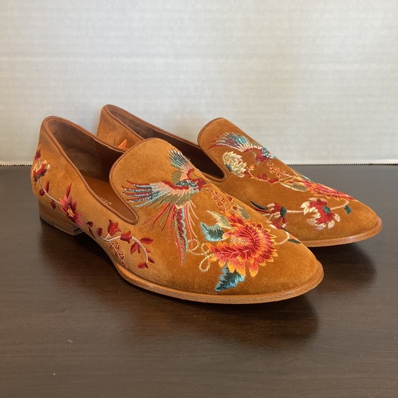 New Johnny Was Freja Embroidered Cognac Suede Leather Loafers Size 6 - Picture 9 of 16